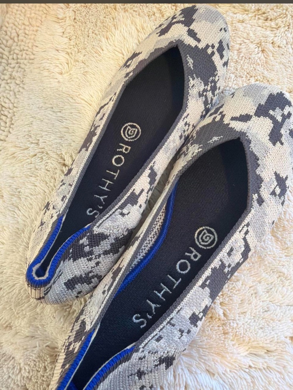 Rothy's Knit Slip-On Ballet Flats in Gray, Black and Blue Trim